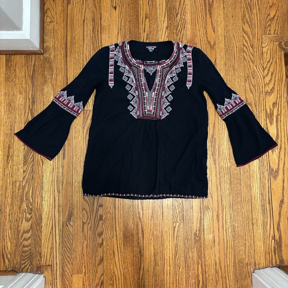 Johnny Was Black Top with Red and White Embroidery Size XS